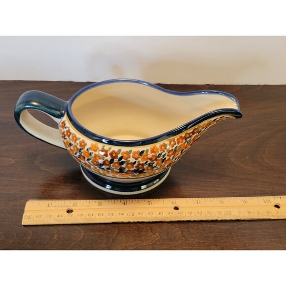 Handmade Polish Pottery Gravy Boat By Patrycja Kolazyńska 9" Floral Pattern - Picture 5 of 6